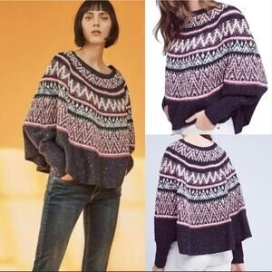 New Sleeping on Snow Anthroplogie Midland blue fair isle poncho sweater SZ XS/S